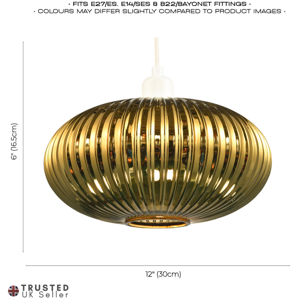 Happy Homewares Designer Shiny Gold Plated Line Ribbed Glass Oval Pendant Shade Image 8