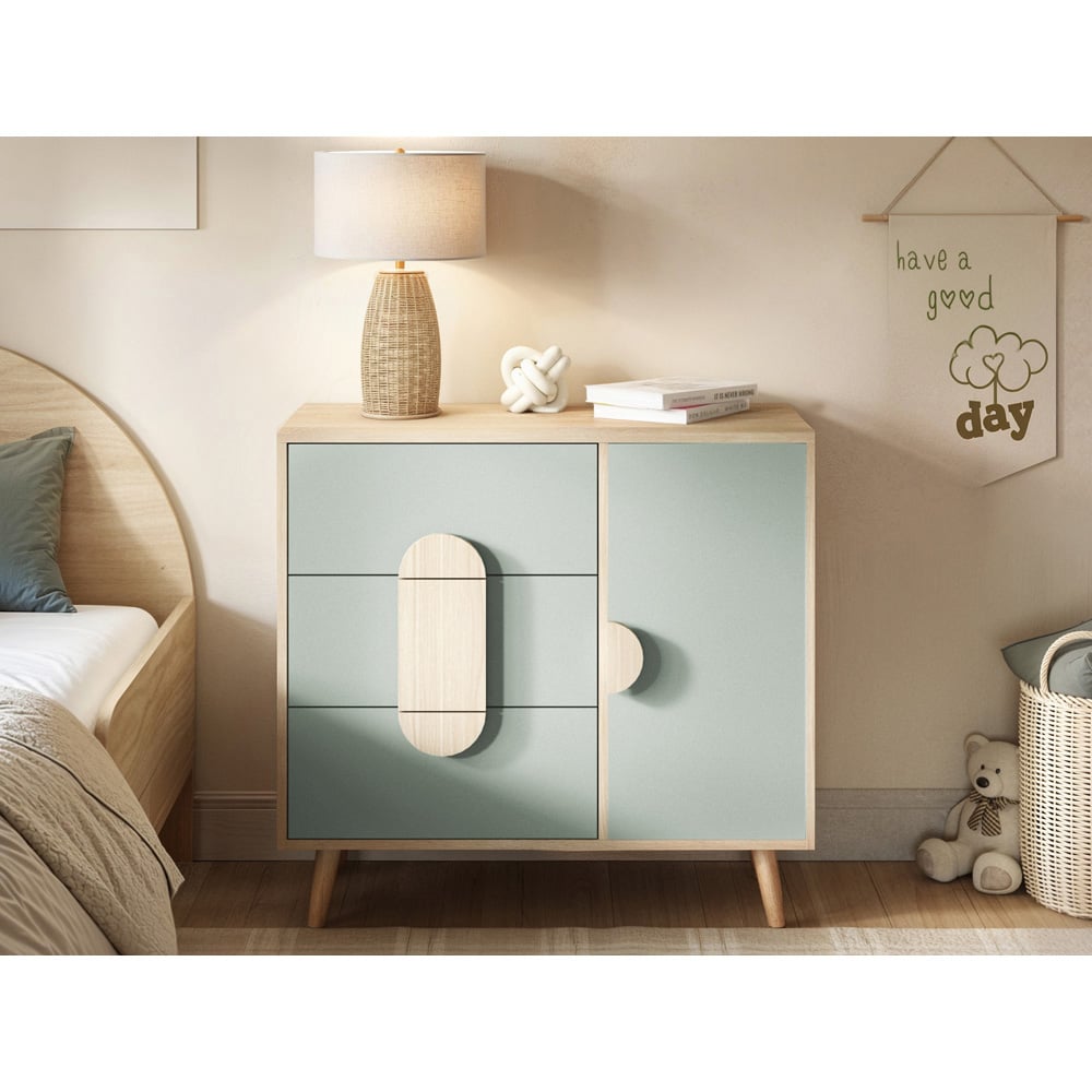 Flair Noah Single Door 3 Drawer Green and Oak Chest of Drawers Image 4