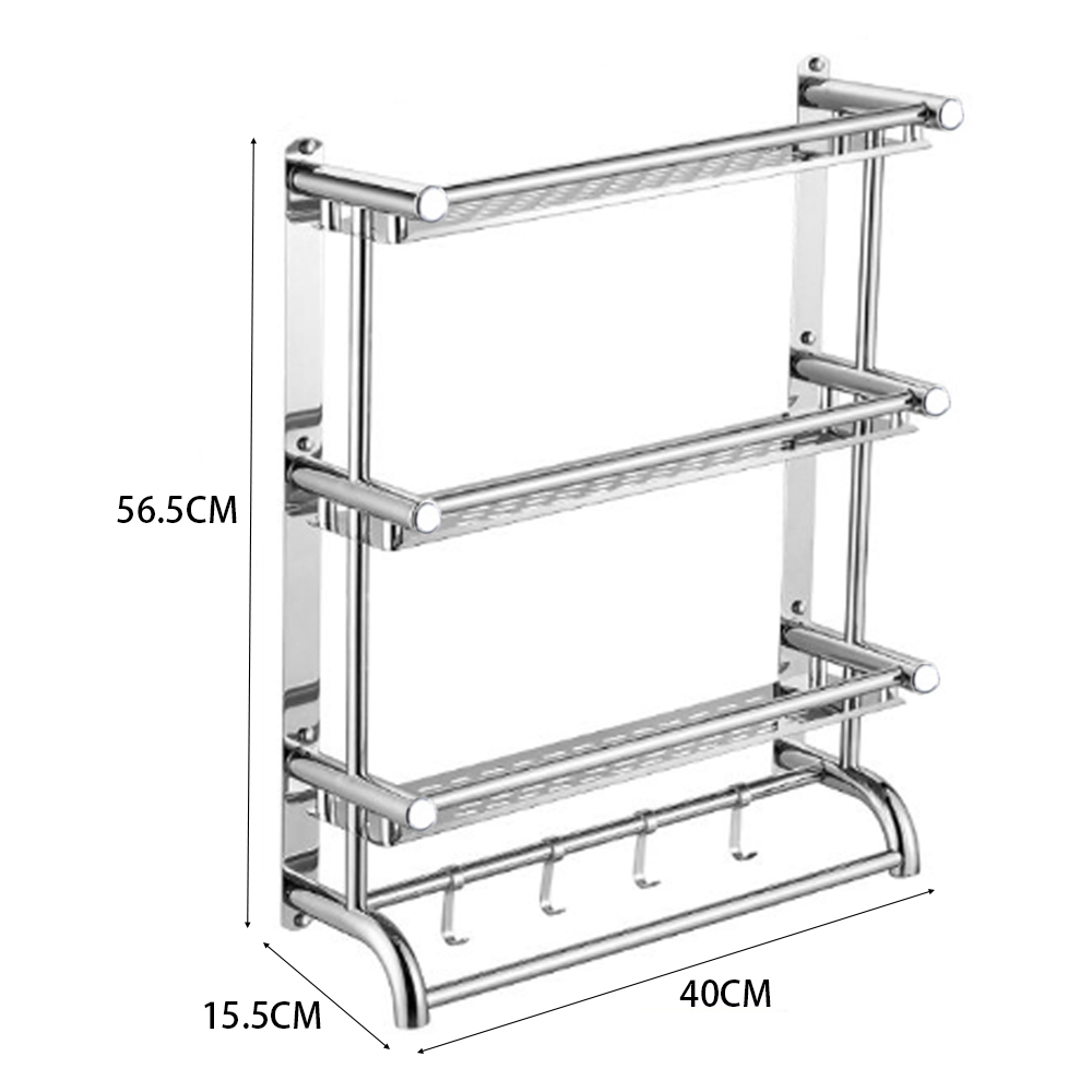 Living and Home 3-Tier Silver Stainless Steel Wall Mounted Bathroom Towel Rail with Shelf and Hooks Image 6