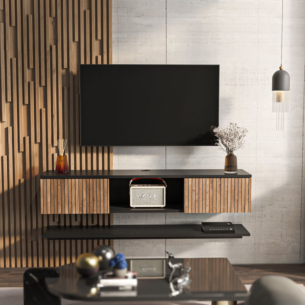 Decorotika Elia 2 Door Single Shelf Black and Alina Floating TV Unit with Wall Shelf Image 8