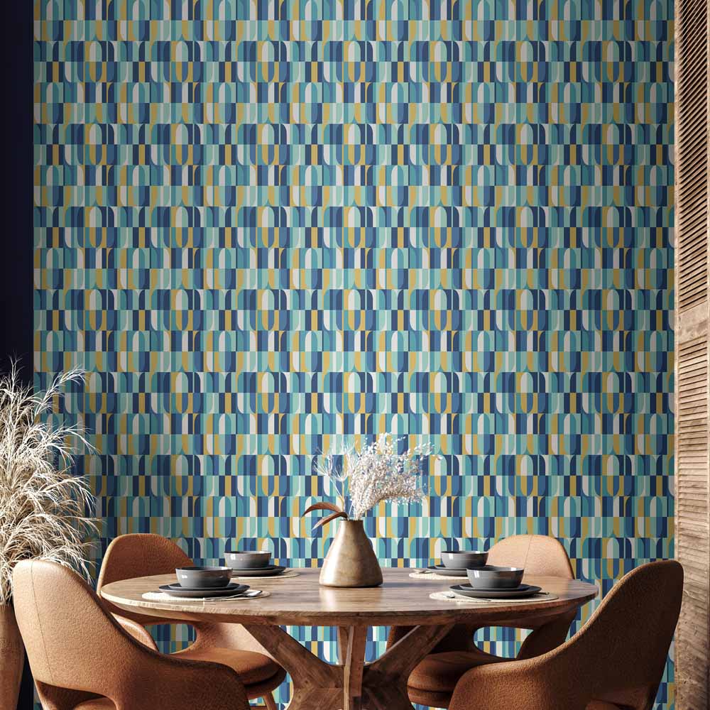 Hoopla Walls Building Blocks Indigo and Gold Non Woven Wallpaper Image 2