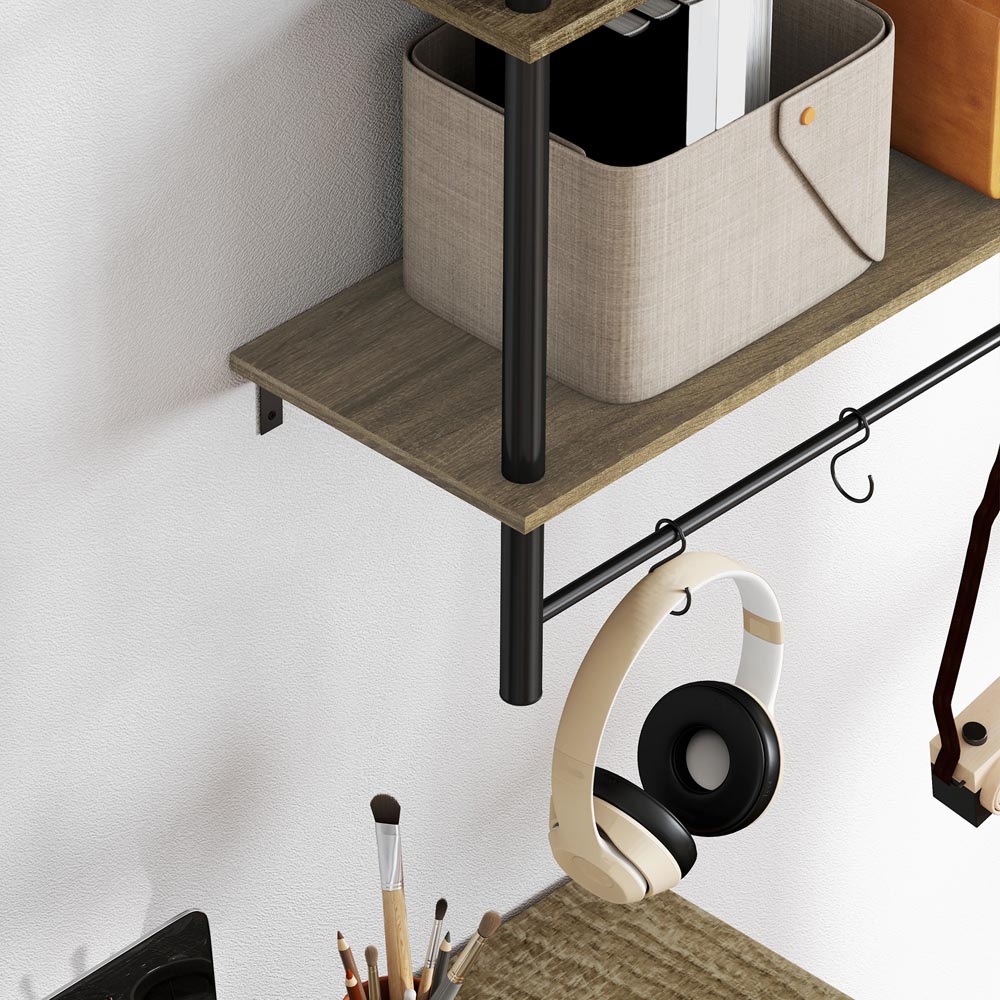 Portland 2 Tier Grey Wall Shelf Unit with 4 Hooks Image 3