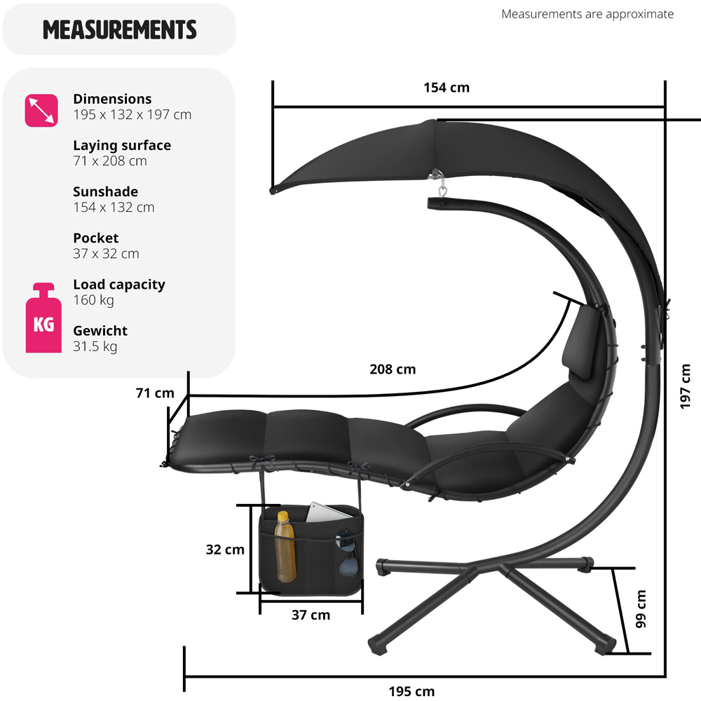 tectake Elaria Black Large UV Protection Sun Canopy Hanging Chair Image 9
