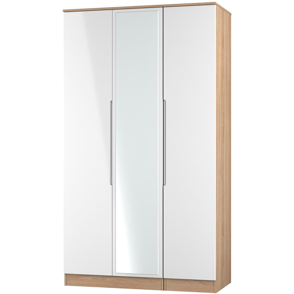 Crowndale Milan 3 Door White Gloss and Bardolino Oak Tall Mirrored Wardrobe Ready Assembled Image 4