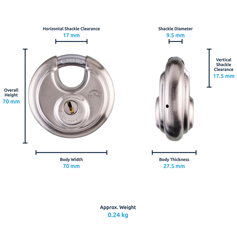 Squire 70mm Disc Stainless Steel Drill Protection Boron Shackle Padlock Image 7