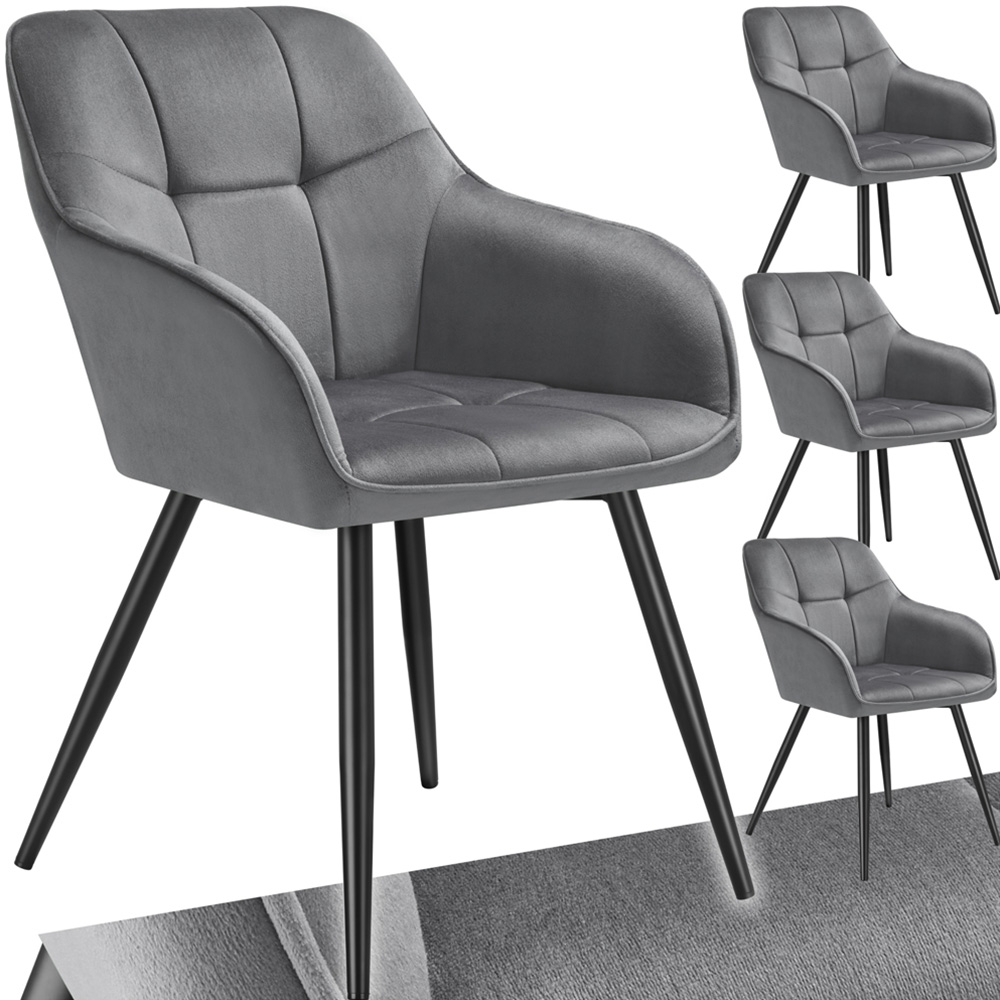 tectake Marilyn Set of 4 Grey and Black Quilted Velvet Dining Chair Image 2
