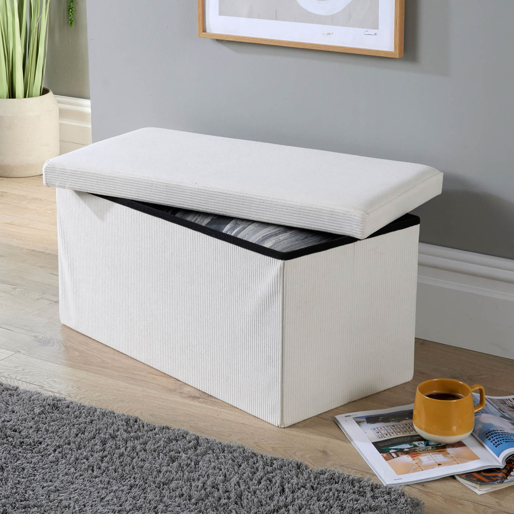 Home Source Cream Corduroy Upholstered Folding Ottoman Image 3