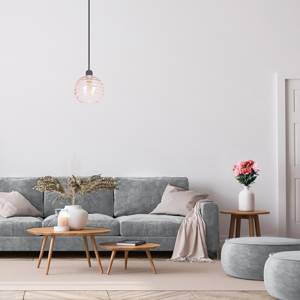 Happy Homewares Designer Pink Circular Ribbed Glass Non Electric Pendant Shade Image 2