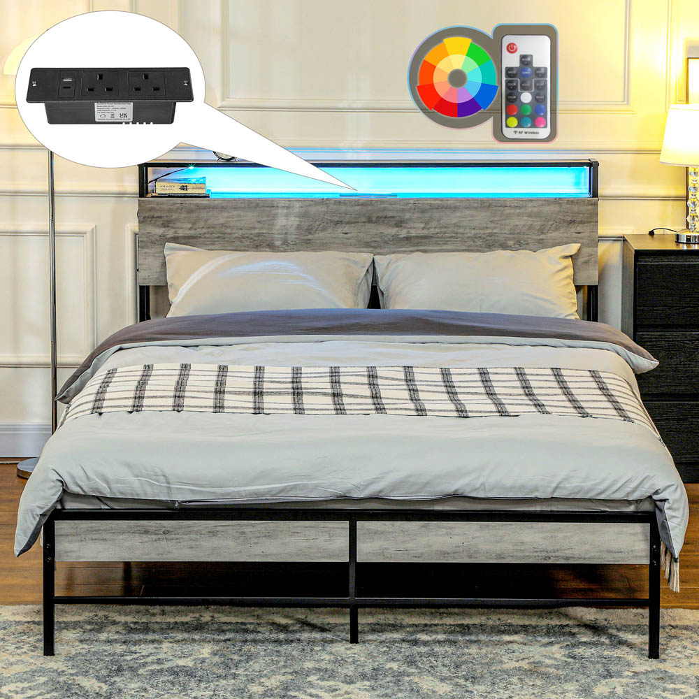 Portland Double Cement Grey Bed Frame with Charging Station and Lights Image 3