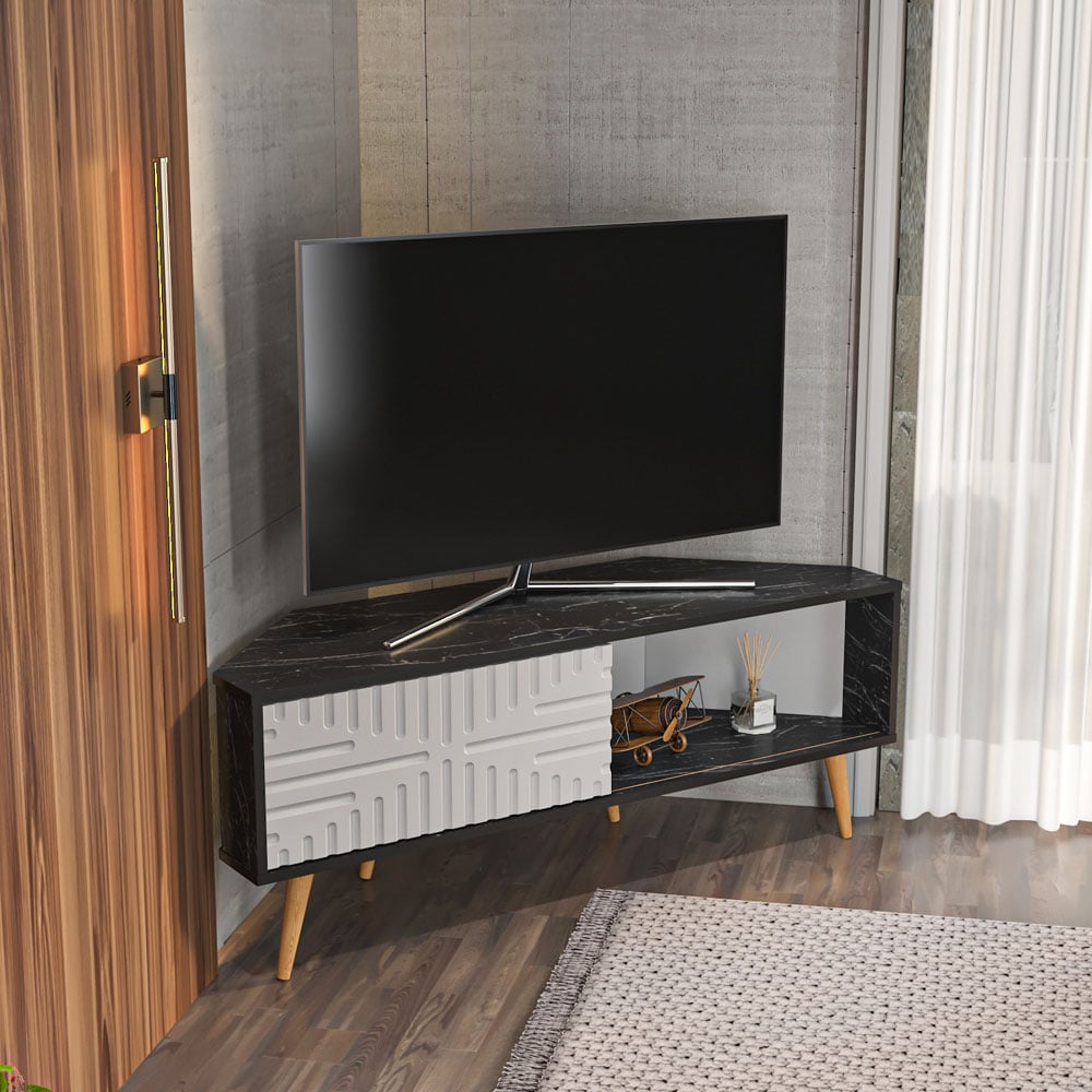 Decorotika Mora Single Sliding Door Bendire and White Corner TV Unit Image 6
