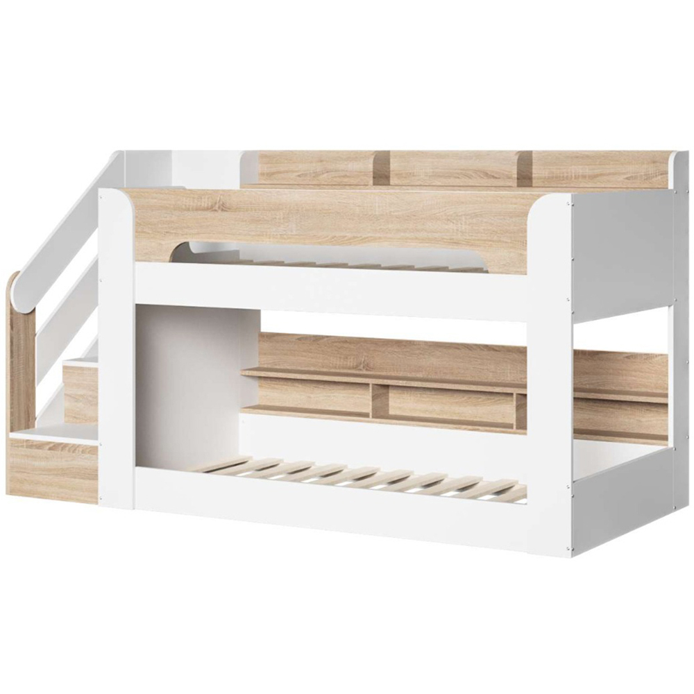 Flair Zeno White and Oak Low Bunk Bed with Staircase and Storage Image 2
