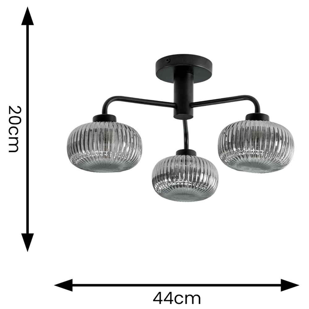 ValueLights Amaia Matt Black 3 Way Smoked Ribbed Glass LED Ceiling Light Image 6