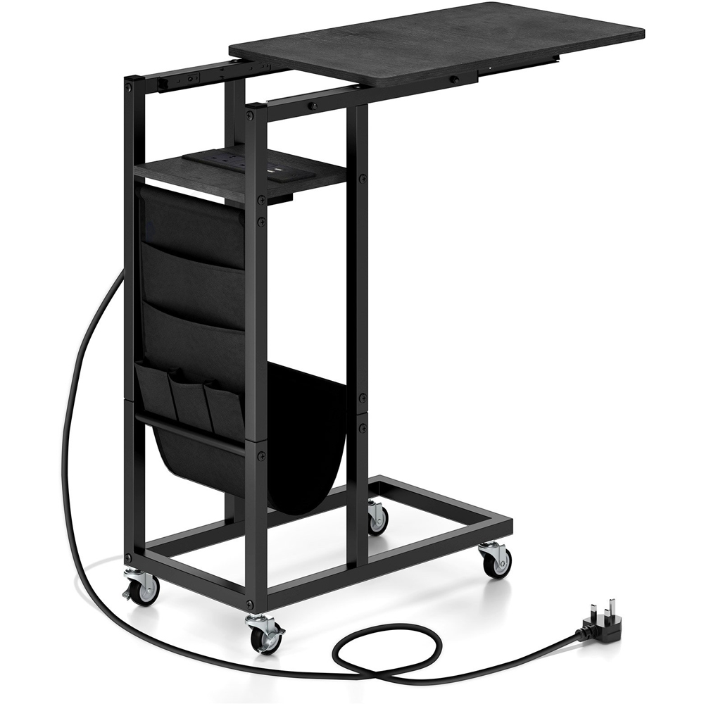 Costway Black C Shaped End Table Rolling with Charging Station and Retractable Tabletop Image 2