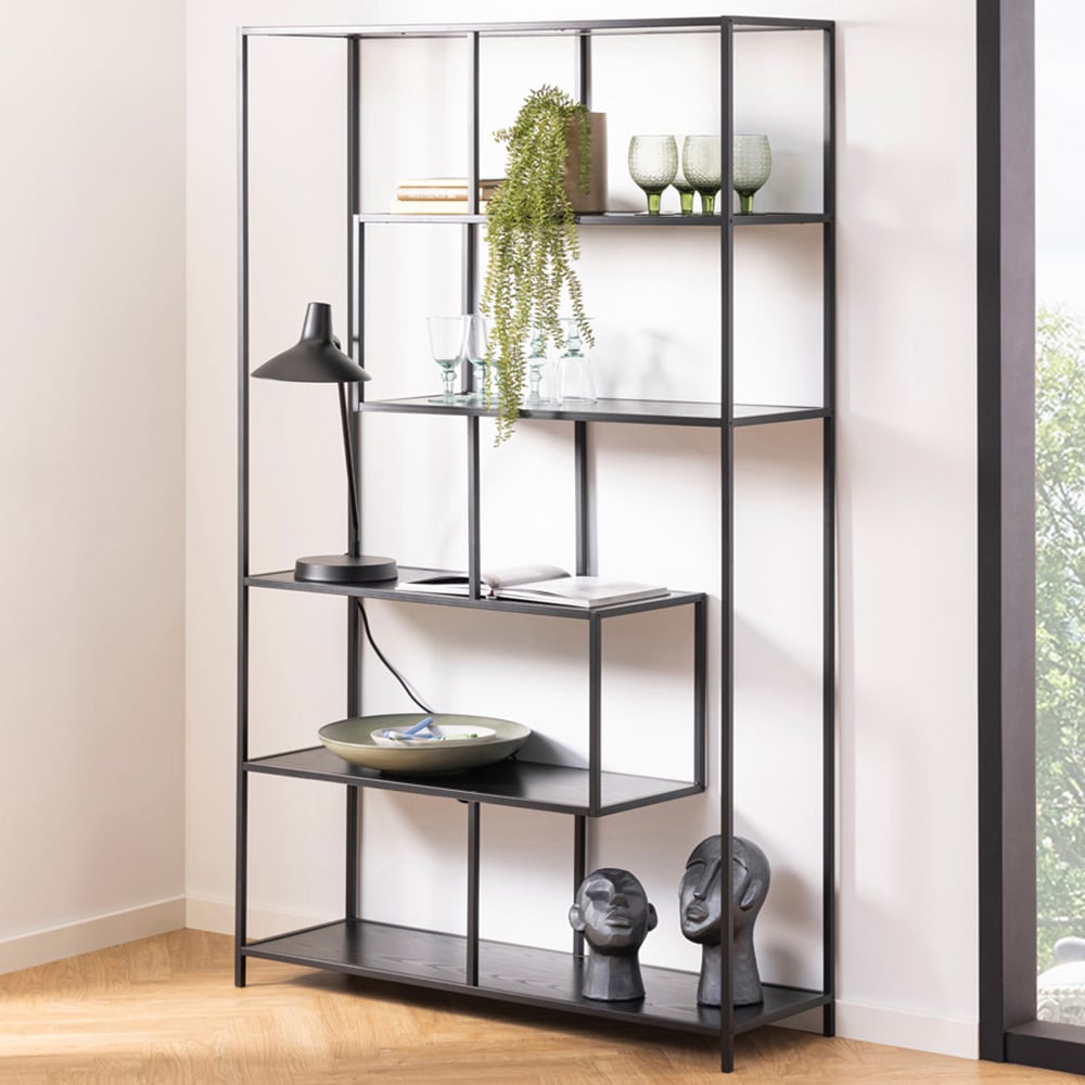 Florence Seaford 5 Shelf Black Large Metal Asymmetrical Bookcase Image 1
