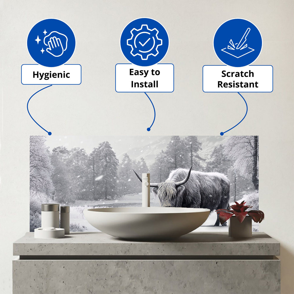 Warren Reed Designer Snow Storm Highland Cow Bathroom Splashback 25 x 60cm Image 3