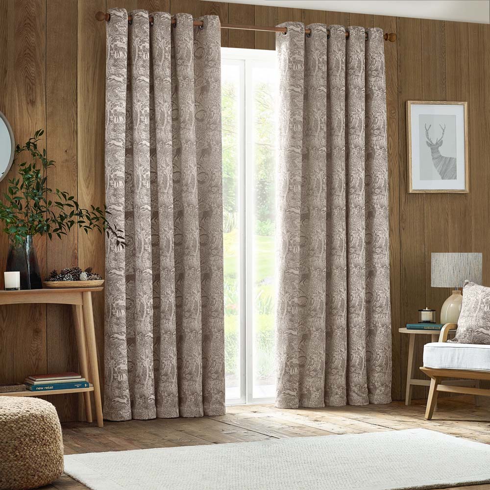 furn. Winter Woods Taupe Animal Chenille Eyelet Curtains 229 x 137cm Image 1