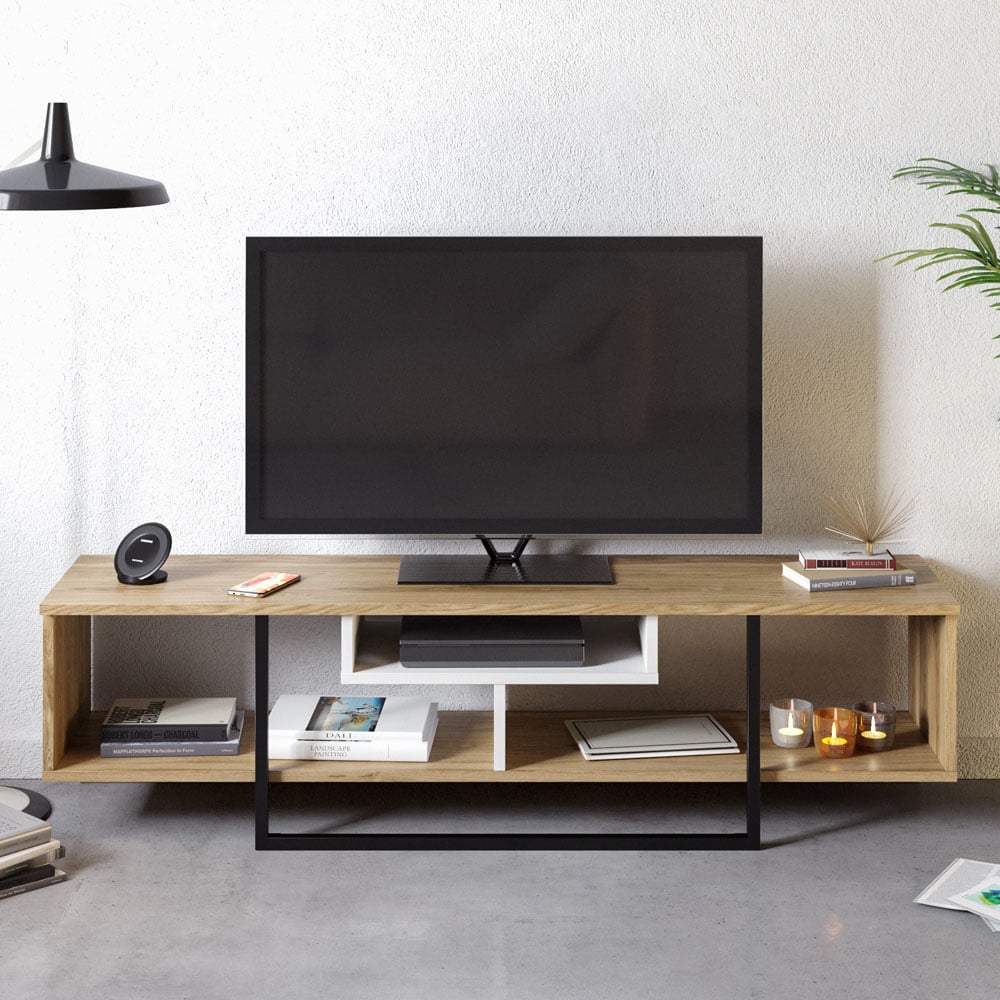 Decorotika Asal 3 Shelf Oak and White Black Modern TV Unit Image 3
