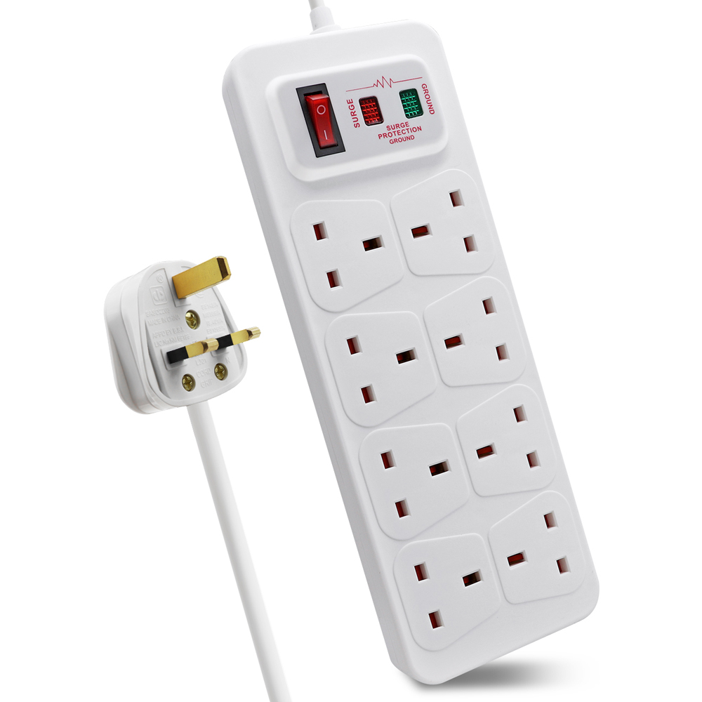 ExtraStar 8 Gang 13A White Switched Surge-Protected Extension Lead 5m Image 1
