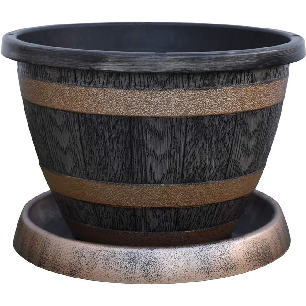 Garden Gear Wooden Barrel Effect Plant Pot and Saucer 40cm 10 Pack Image 3