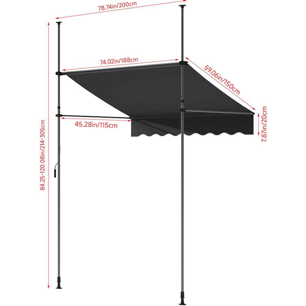 Living and Home Black Wavy Valance Retractable Height Adjustable Awning 2m Image 8