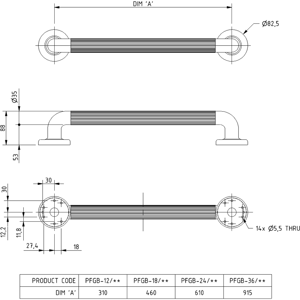 Fitzroy of London RAL 7005 Grey Plastic Fluted Concealed Fixing Grab Rail 36 x 450mm Image 3