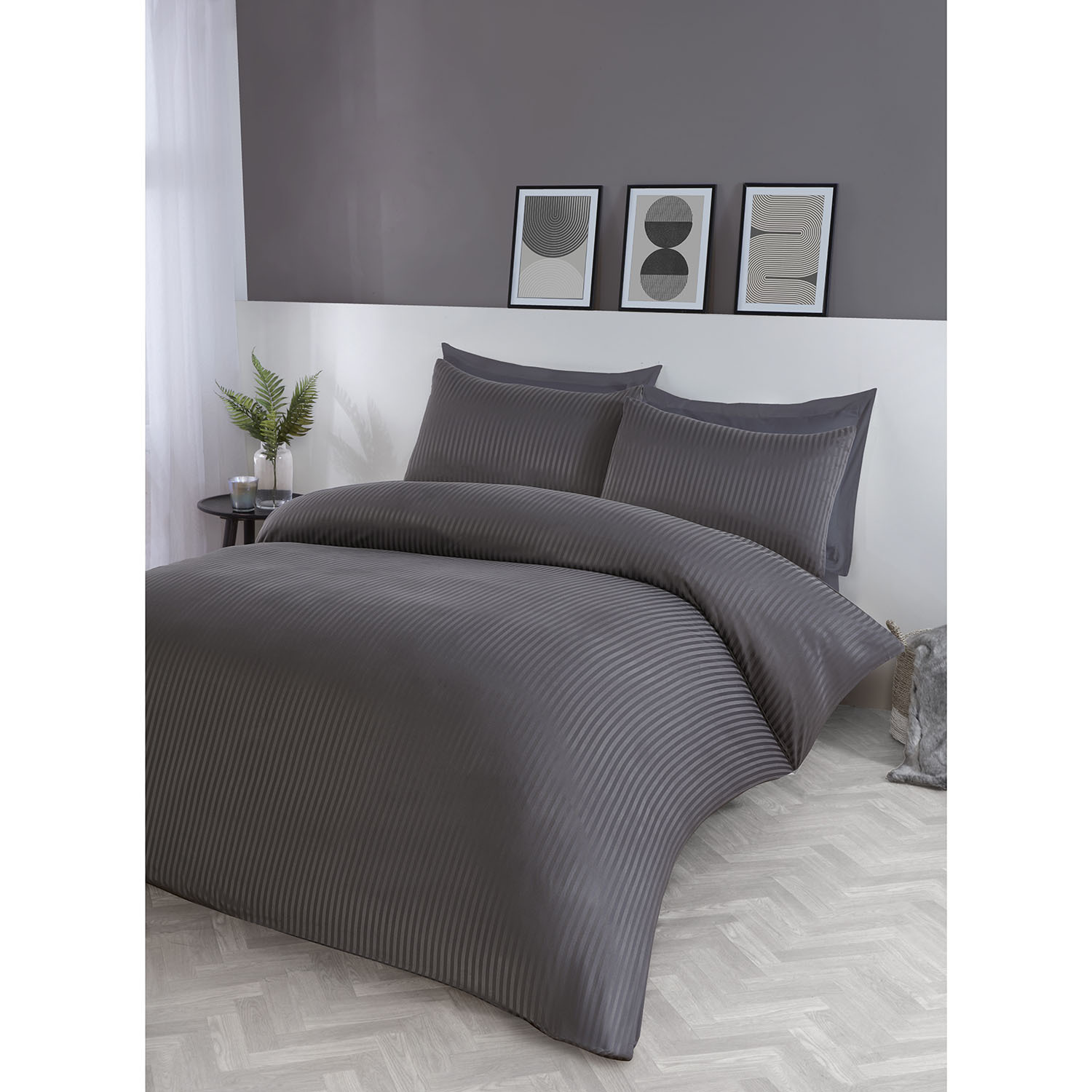 Pimlico Satin Stripe Duvet Set - Charcoal / Superking Image 2