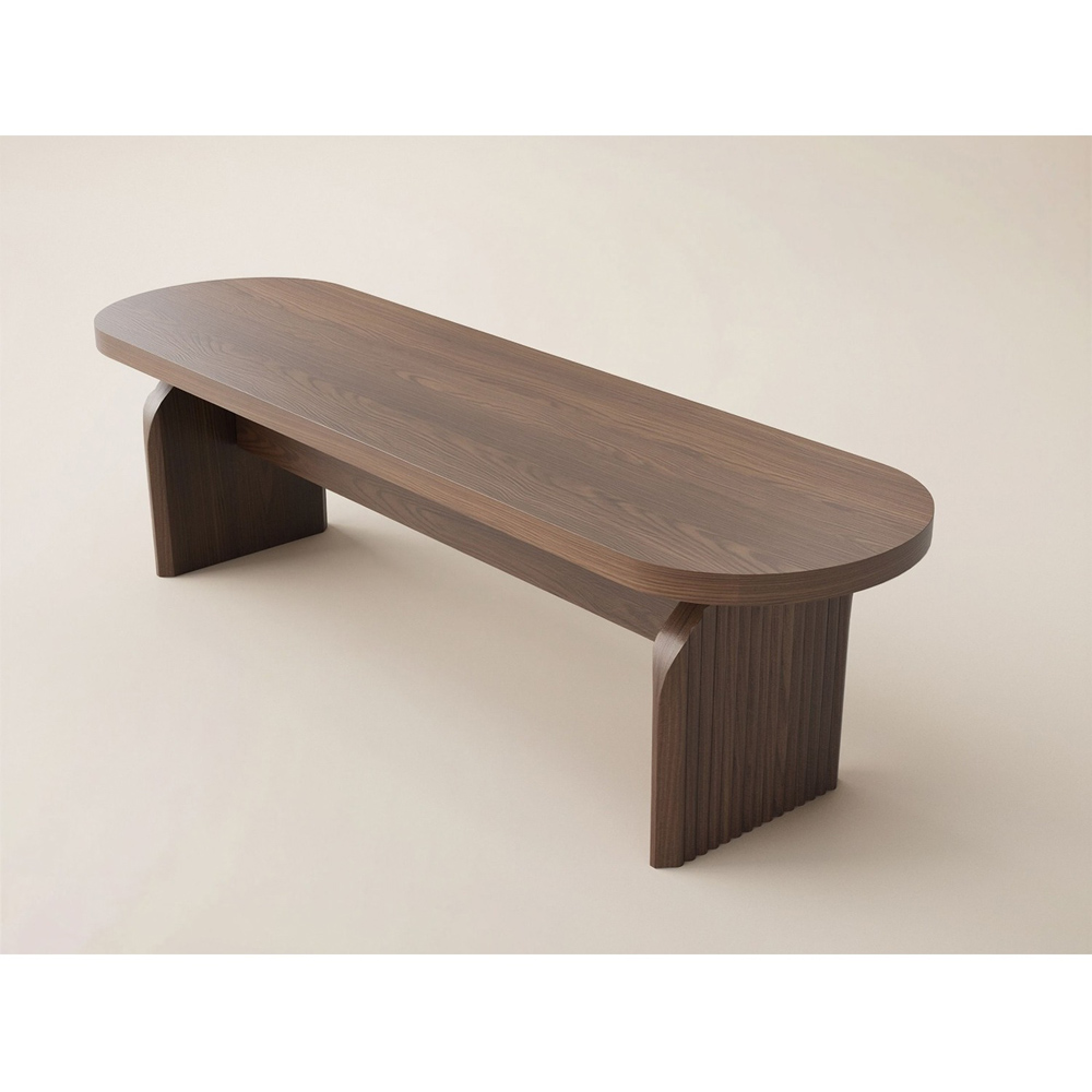 SOLACE+CO Varm Walnut Wood Effect 3 Seater Ribbed Dining Bench Image 2