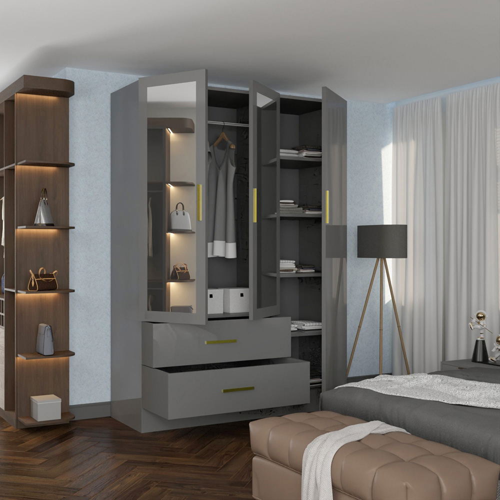 Sliding Wardrobes 4U XD2 3 Door 2 Drawer Grey High Gloss Gold Handle Mirror Wardrobe Image 3