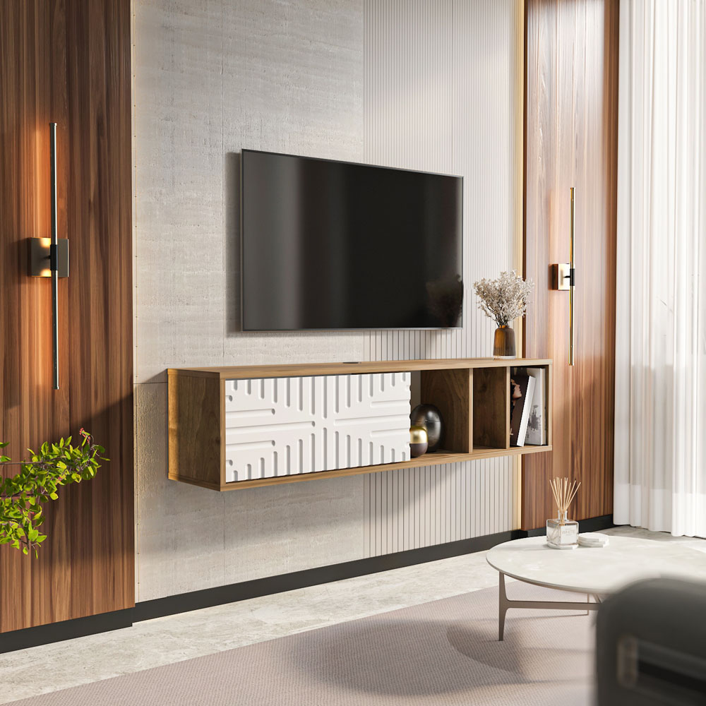 Decorotika Single Door 3 Shelf Walnut and White Floating TV Unit Image 5
