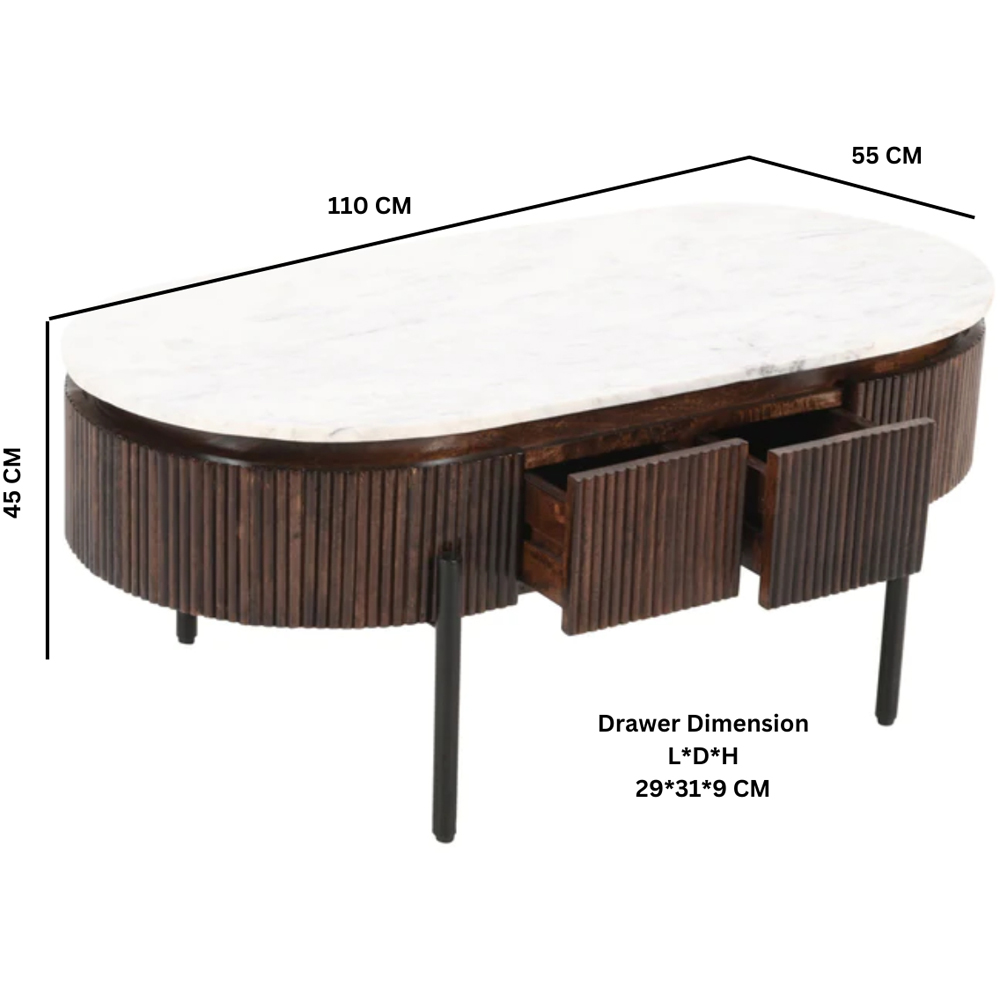 Brooklyn Opal 2 Drawer Marble Top Mango Wood Oval Rectangular Fluted Coffee Table Image 8