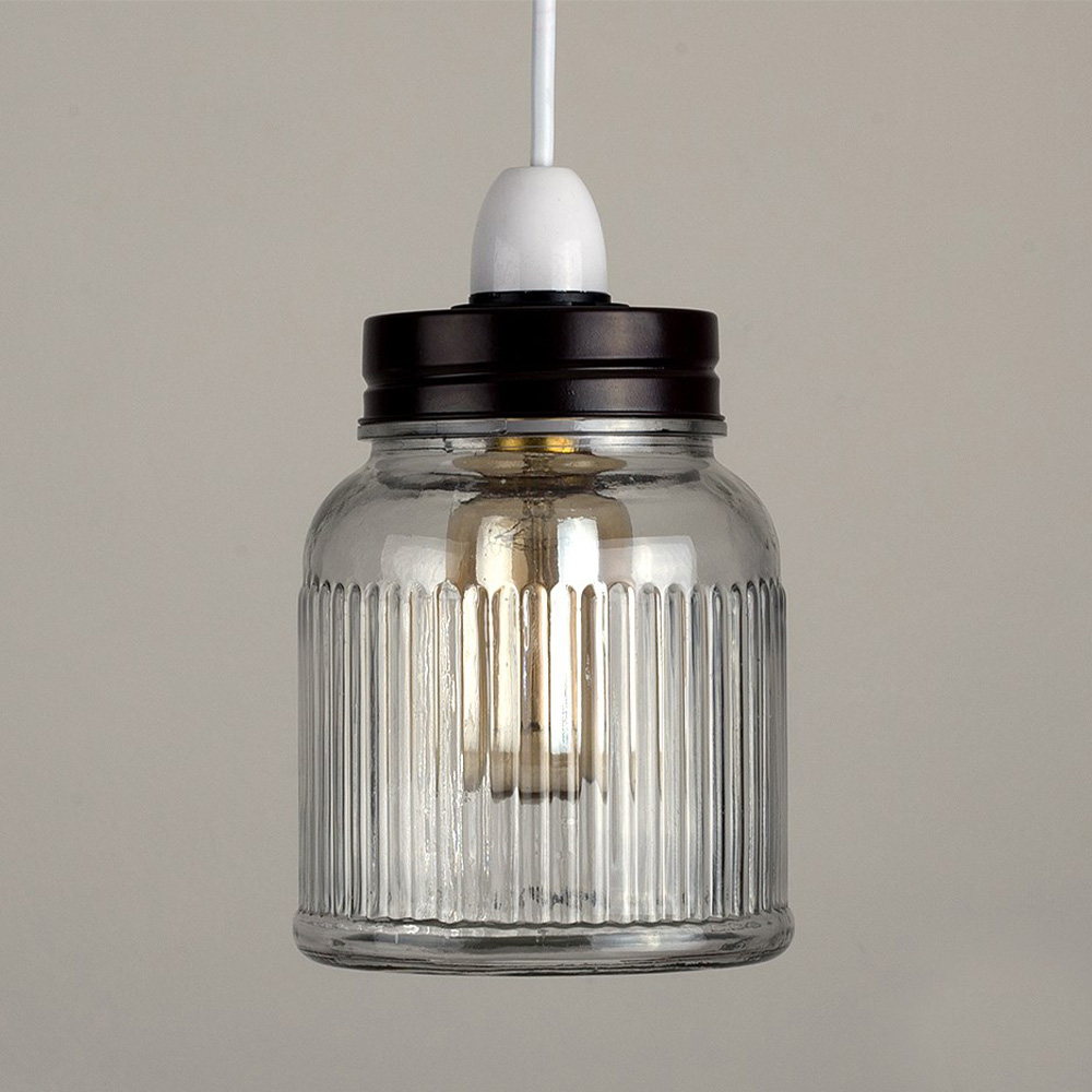 ValueLights Black Ribbed Glass Jar Ceiling Pendant Shade Image 3