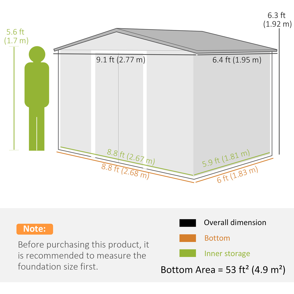 Outsunny 9 x 6ft Single Door Silver Galvanised Garden Storage Shed Image 7