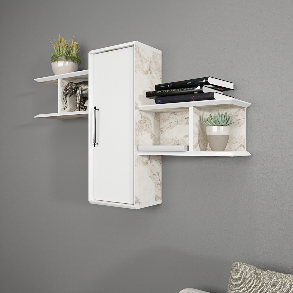 Decorotika Olida Single Door 4 Shelf White Marble Effect and White Wall Display Unit Image 7