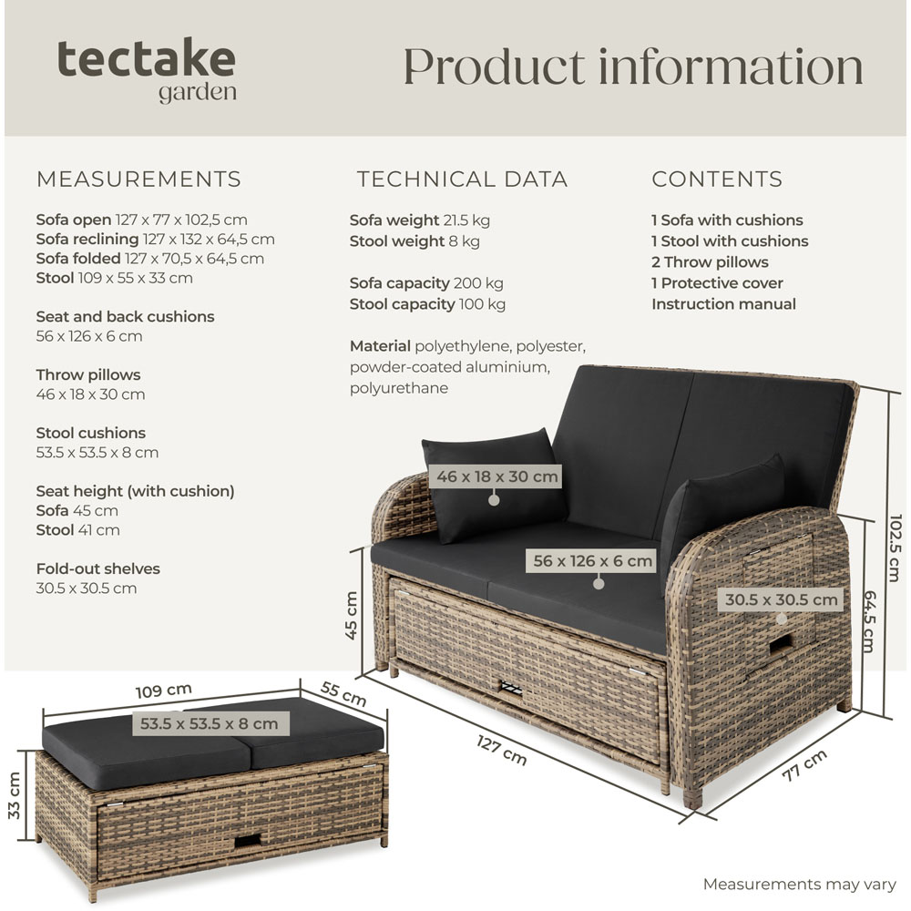tectake Crete 2 Seater Nature Reclining Garden Sofa Image 9