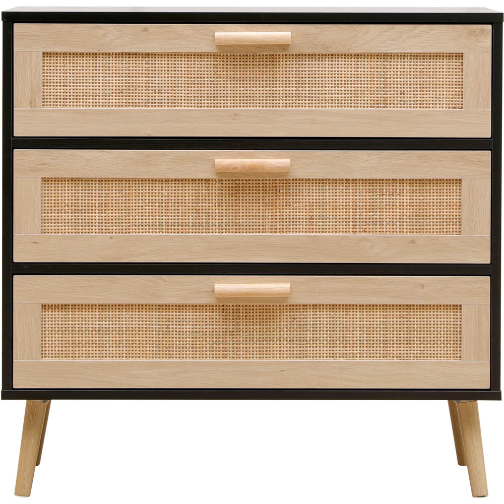 FurnitureHMD 3 Drawer Black and Natural Rattan Woven Front Wooden Chest of Drawers Image 3