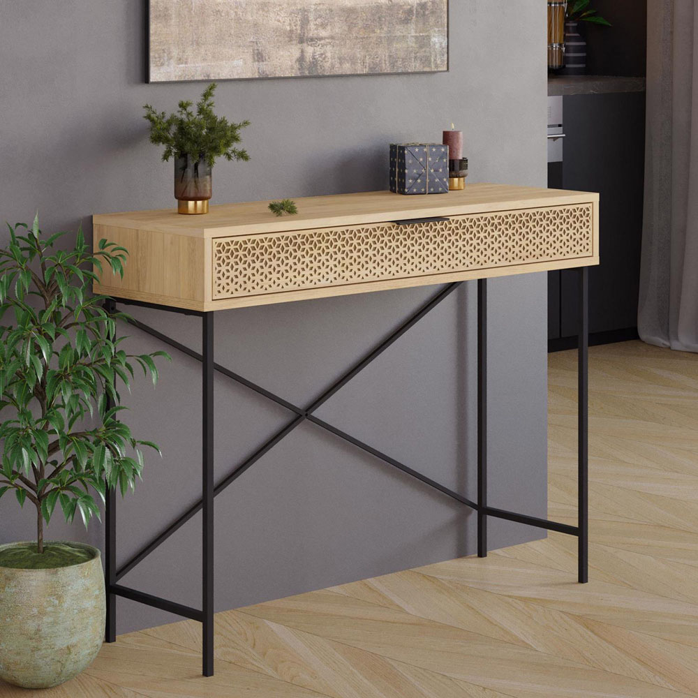 FWStyle Naive Single Drawer Sapphire Oak Laser Cut Wide Console Table Image 6