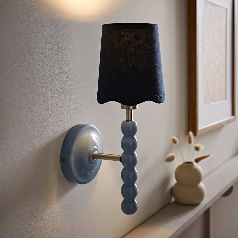 ValueLights Navy Linen Scallop Shade Blue Bobbin LED Wall Light with Bulb Image 2