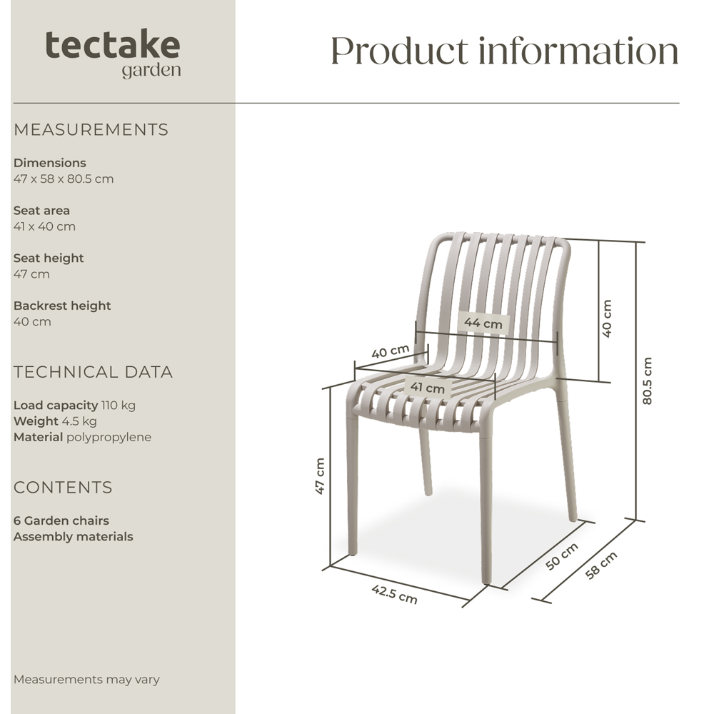 tectake Alcudia Set of 6 Taupe Stackable Garden Chair Image 9