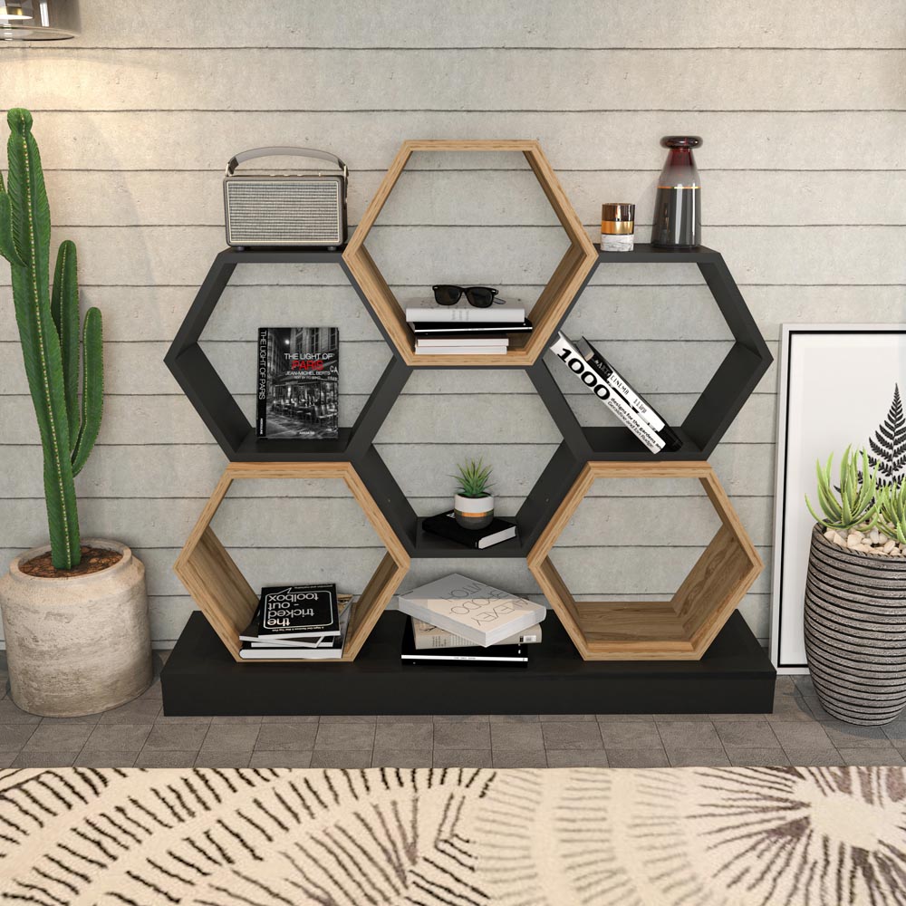 Decorotika Flower Black and Oak Wide Hexagonal Bookcase Image 3