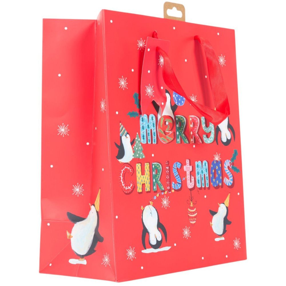 Festive Penguins Gift Bag Red Tall Image 4