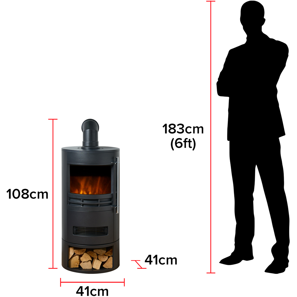Sureflame Dunston Black Round Electric Stove with Log Storage and Angled Stove Pipe Image 9