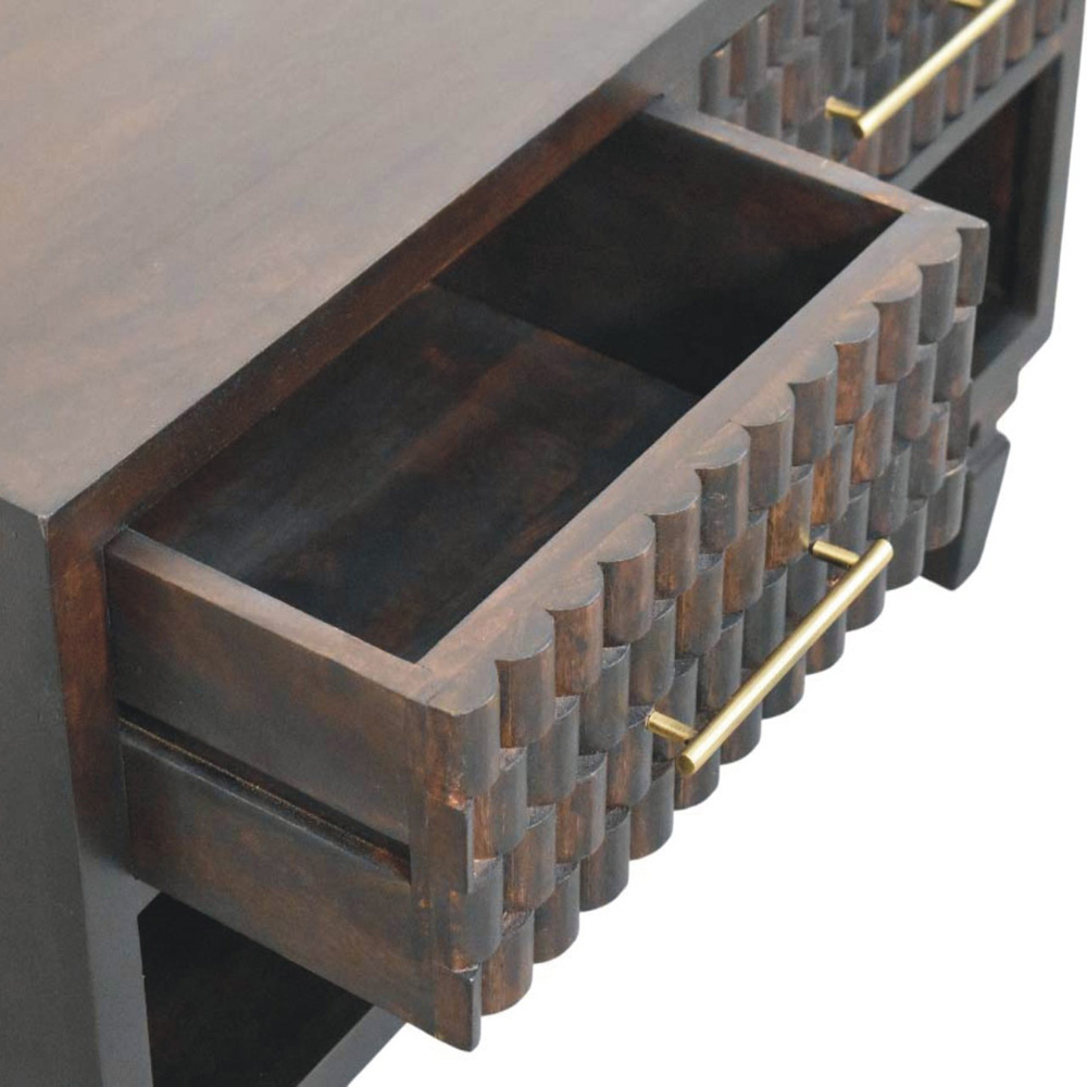Artisan Furniture Cadiz Carved Velvet Mocha 2 Drawer Single Shelf  Mango Wood Shoe Storage Bench Image 5