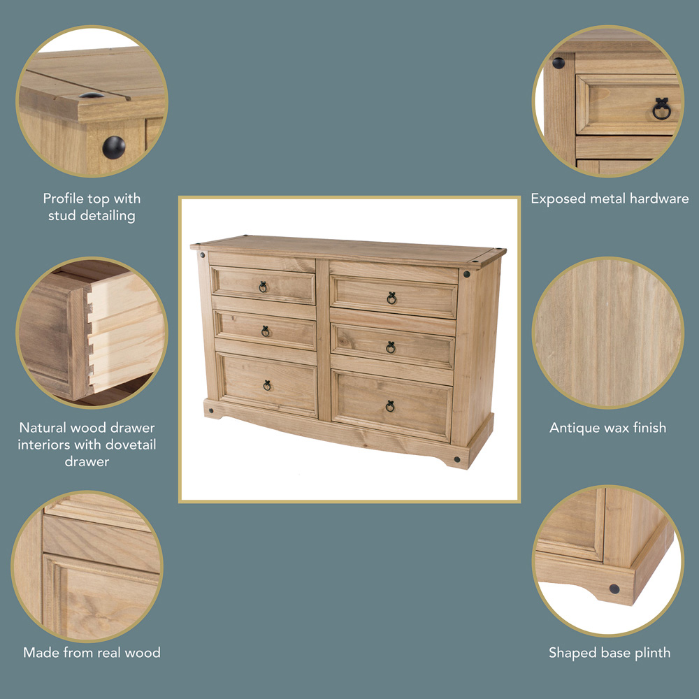 Corona 6 Drawer Antique Wax Wide Chest of Drawers Image 8