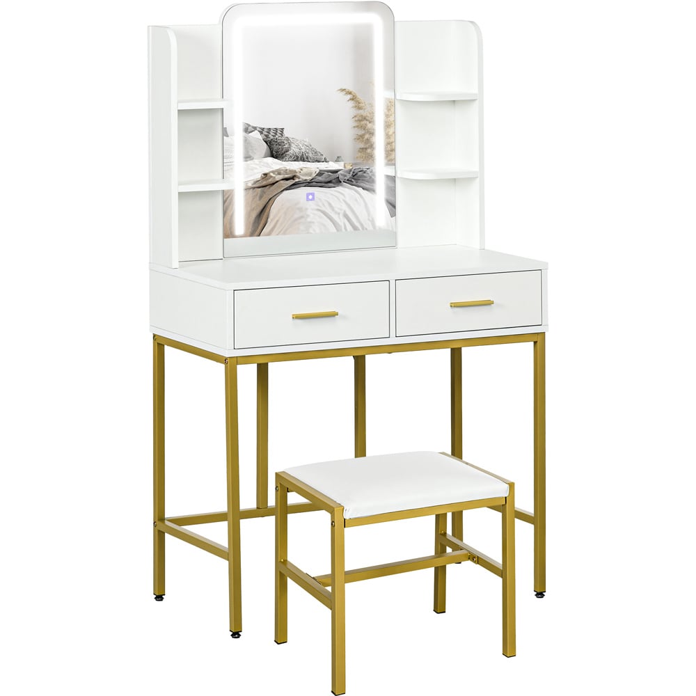 Portland 2 Drawer 4 Shelf White Makeup Vanity Desk Set with Lighting Mirror Image 2
