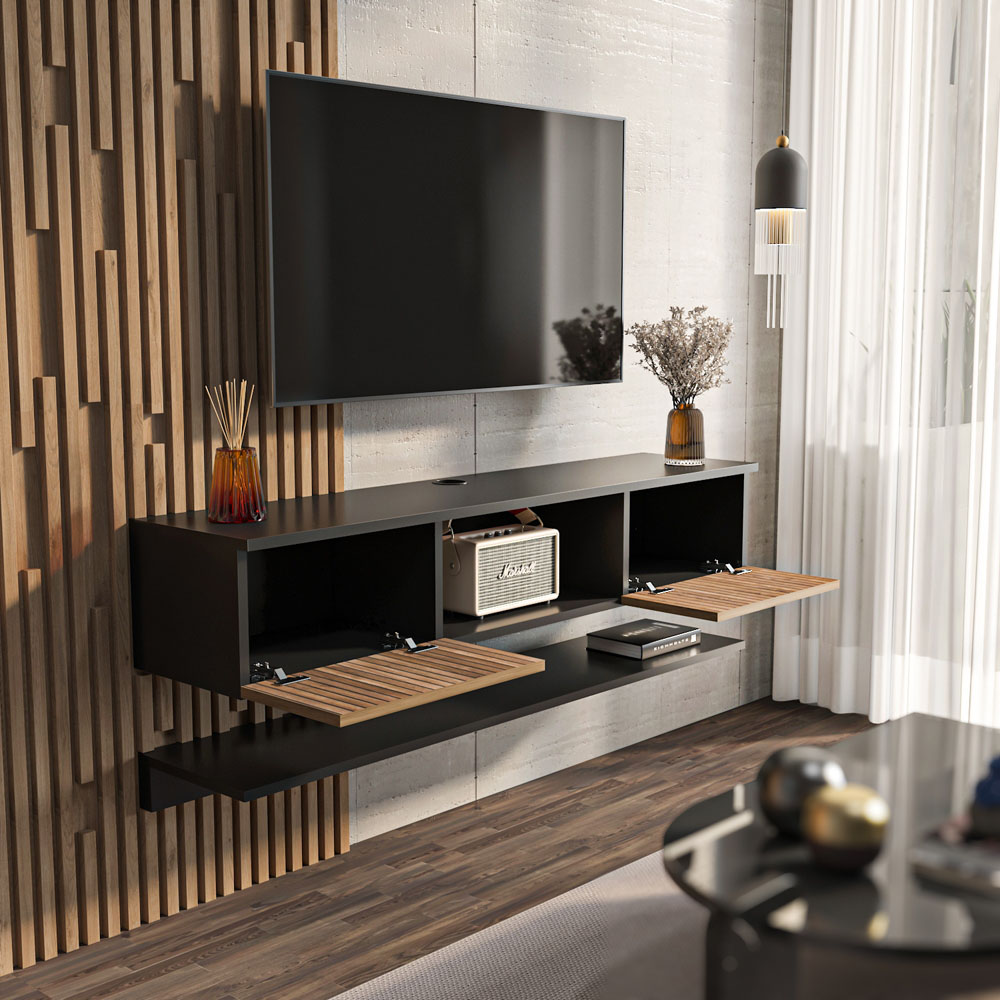 Decorotika Elia 2 Door Single Shelf Black and Alina Floating TV Unit with Wall Shelf Image 4