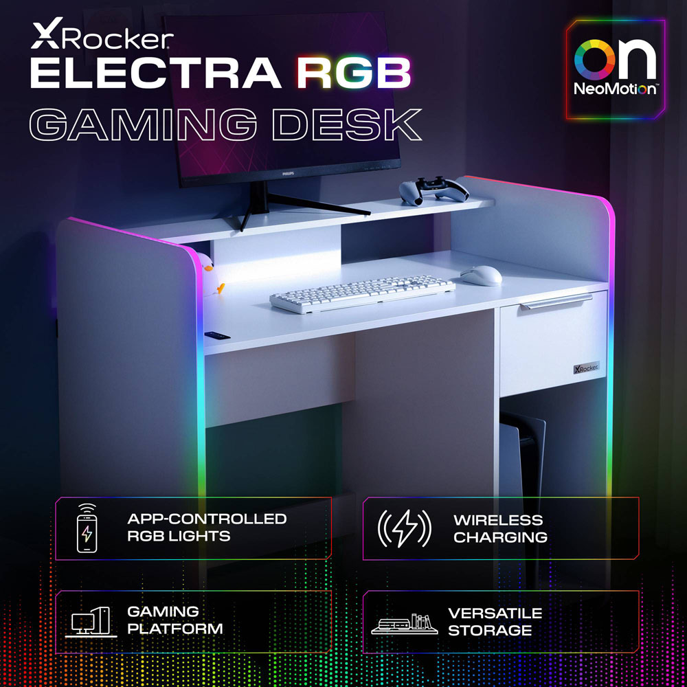 X Rocker Electra Single Drawer 2 Shelf RGB Gaming Desk with Wireless Charging White Image 2
