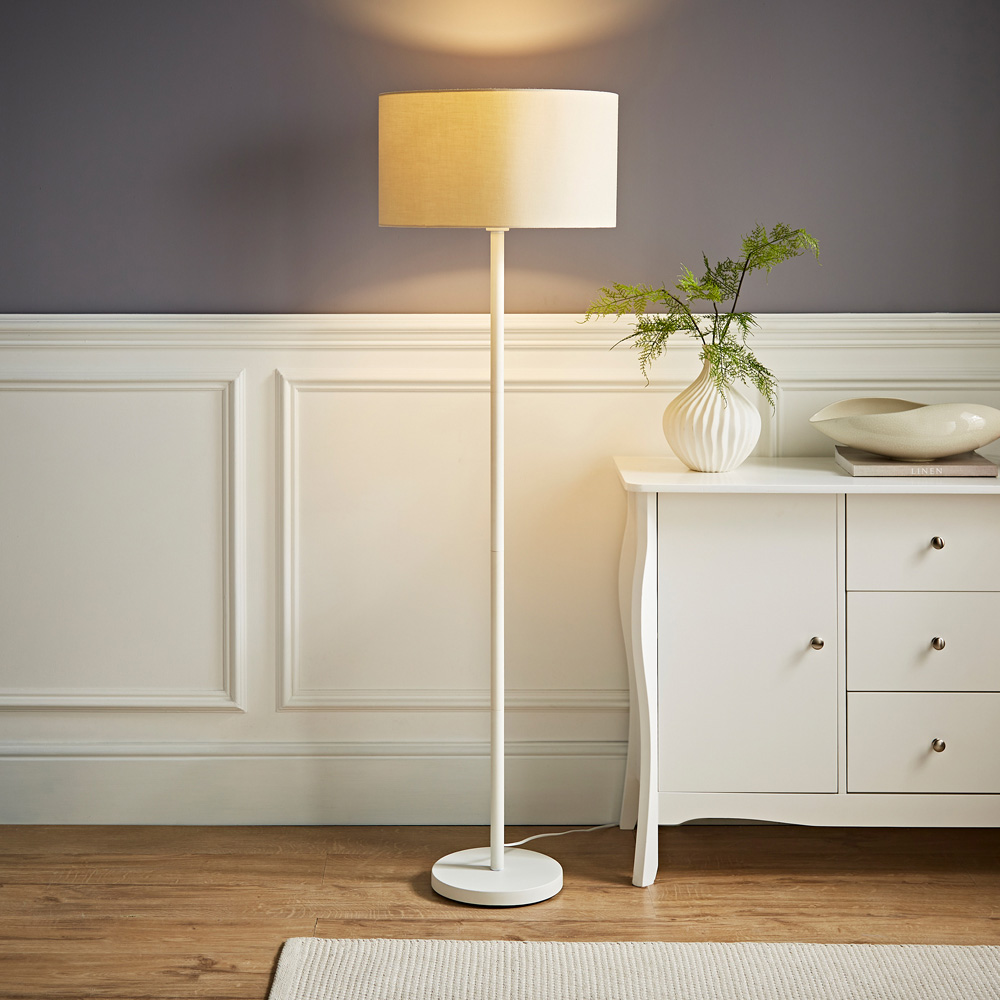 ValueLights Charlie Cream Drum Shade White Floor Lamp and Bulb Image 2