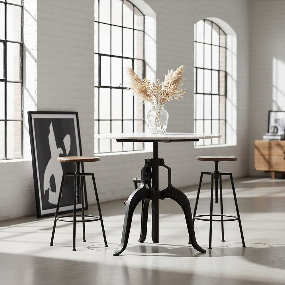 Premier Housewares White Marble Iron Height Adjustable Crank Mechanism Round Table Image 3