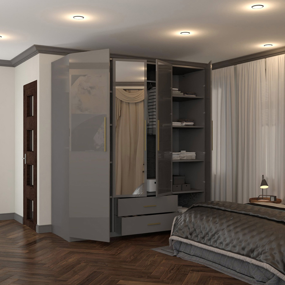 Sliding Wardrobes 4U XD1 4 Door 2 Drawer Grey High Gloss Gold Handle Mirror Wardrobe Image 4