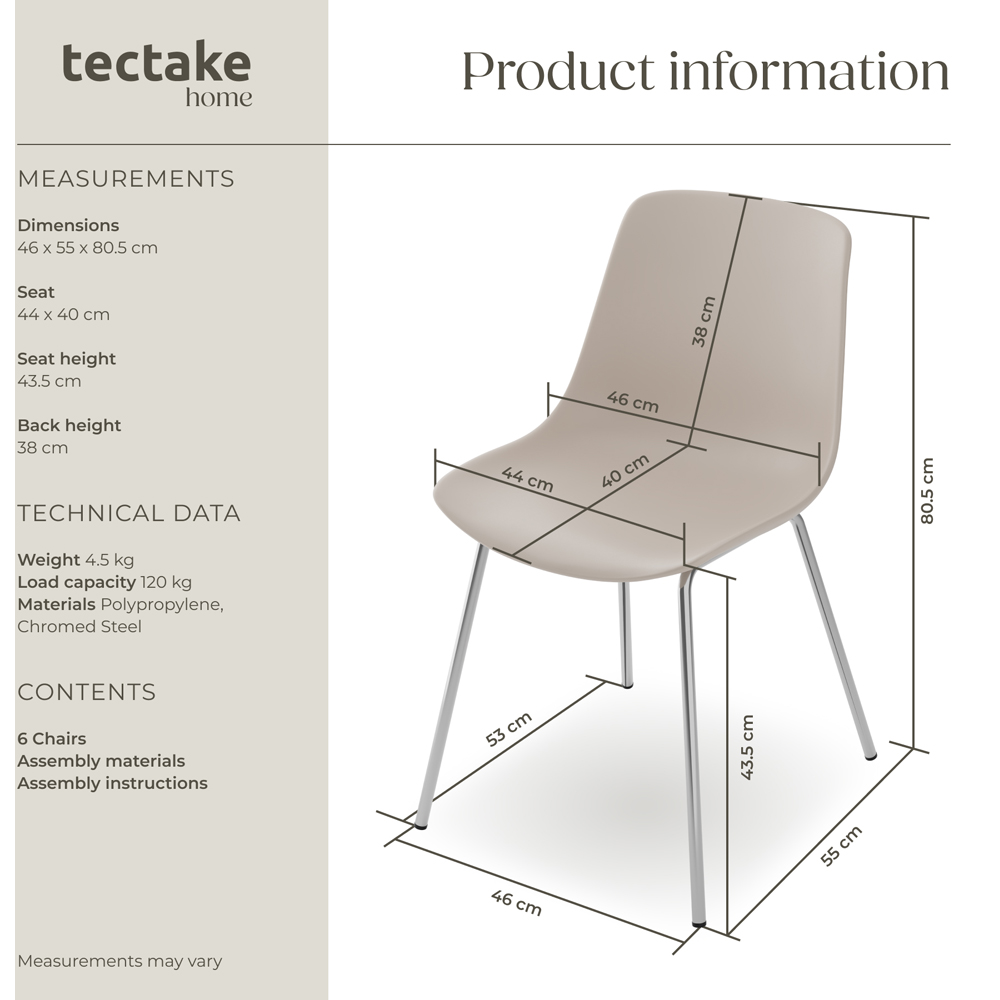 tectake Mave Set of 6 Taupe and Chrome Dining Chair Image 9